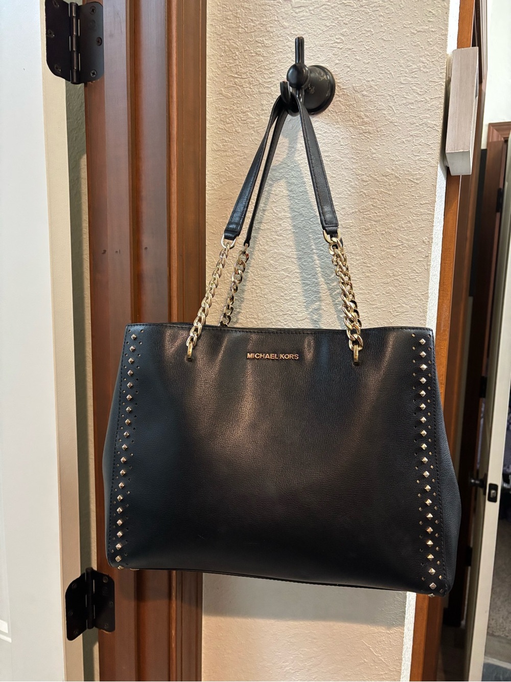 Michael Kors Black Leather Tote with Gold Chain Straps